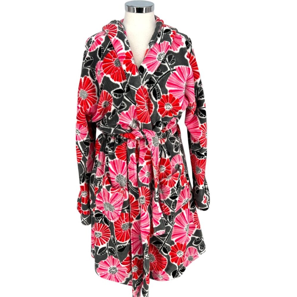 Vera Bradley Floral Hooded Robe Red Pink Plush Belted Size Large XL